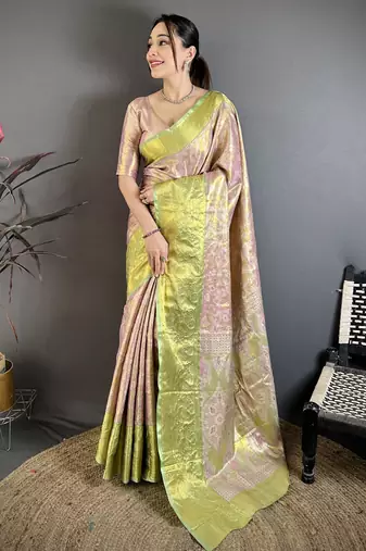 Light pink, green floral, paisely, zari woven kanjivaram semi silk saree with blouse