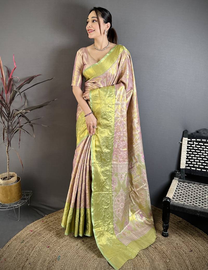 Light pink, green floral, paisely, zari woven kanjivaram semi silk saree with blouse