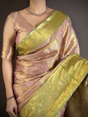 Light pink green floral paisely zari woven silk blend saree with blouse 3