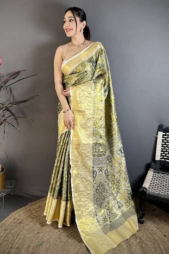 Olive green floral, paisely, zari woven kanjivaram semi silk saree with blouse