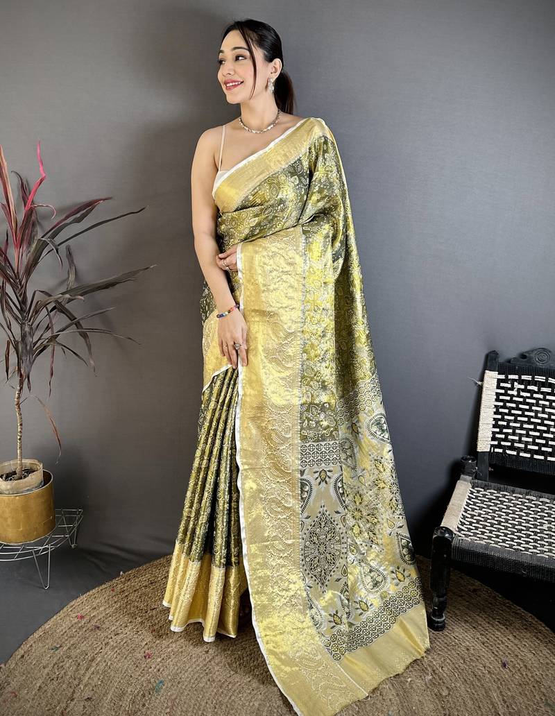 Olive green floral, paisely, zari woven kanjivaram semi silk saree with blouse