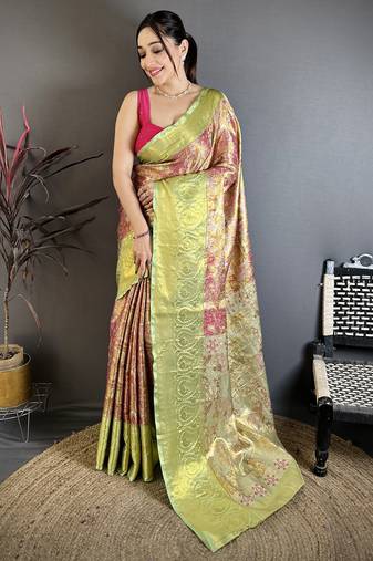 Pink, green floral, paisely, zari woven kanjivaram semi silk saree with blouse