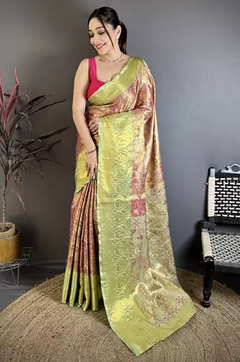 Pink, green floral, paisely, zari woven kanjivaram semi silk saree with blouse