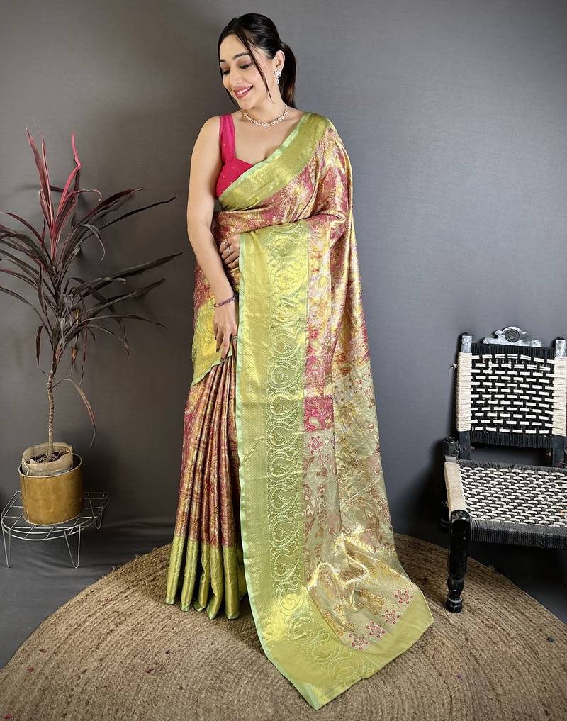 Pink, green floral, paisely, zari woven kanjivaram semi silk saree with blouse