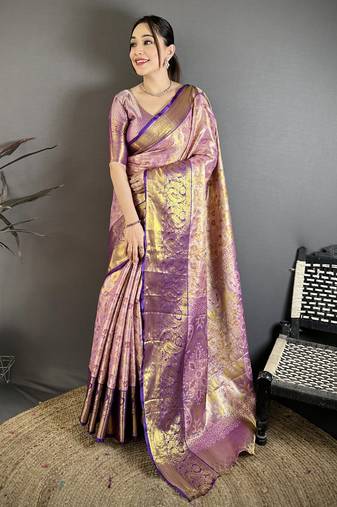 Pink, purple floral, paisely, zari woven kanjivaram semi silk saree with blouse