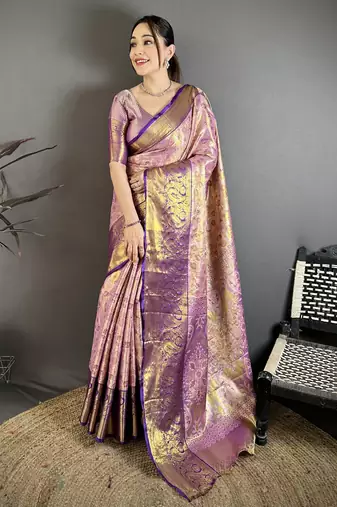 Pink, purple floral, paisely, zari woven kanjivaram semi silk saree with blouse