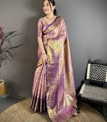Pink, purple floral, paisely, zari woven kanjivaram semi silk saree with blouse