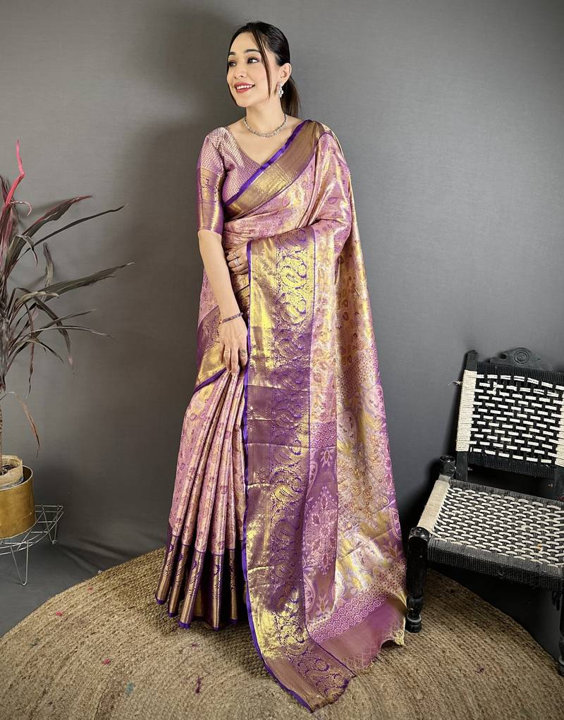 Pink, purple floral, paisely, zari woven kanjivaram semi silk saree with blouse