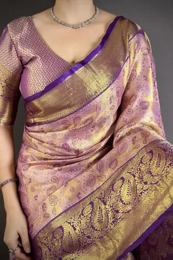 Pink, purple floral, paisely, zari woven kanjivaram semi silk saree with blouse