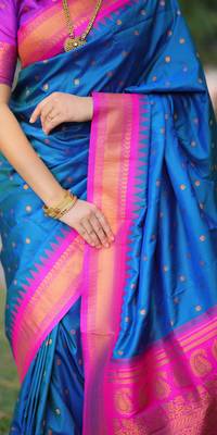 Blue floral temple border zari work kanji gadwal silk blend saree with blouse 5