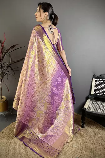 Pink, purple floral, paisely, zari woven kanjivaram semi silk saree with blouse