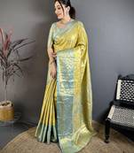 Yellow, blue floral, paisely, zari woven kanjivaram semi silk saree with blouse