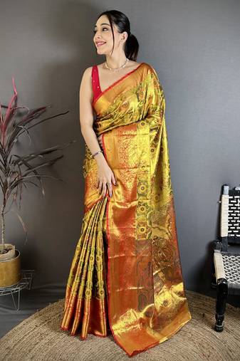 Gold floral, paisely, zari woven kanjivaram semi silk saree with blouse