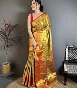 Gold floral, paisely, zari woven kanjivaram semi silk saree with blouse