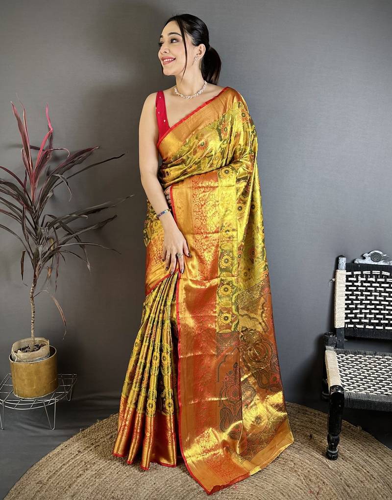 Gold floral, paisely, zari woven kanjivaram semi silk saree with blouse