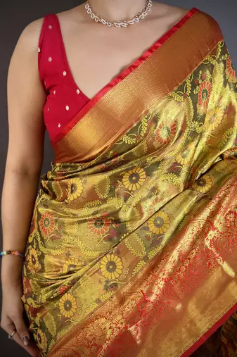 Gold floral, paisely, zari woven kanjivaram semi silk saree with blouse