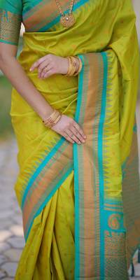 Lime green floral temple border zari work kanji gadwal silk blend saree with blouse 5