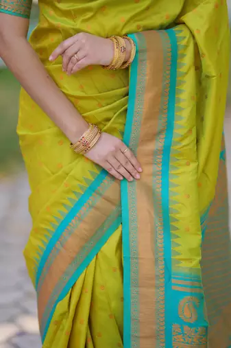 Lime green floral, temple border, zari work kanji gadwal silk saree with blouse