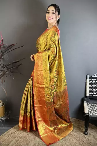 Gold floral, paisely, zari woven kanjivaram semi silk saree with blouse