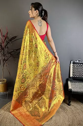 Gold floral, paisely, zari woven kanjivaram semi silk saree with blouse