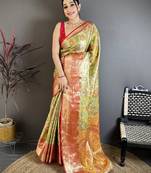 Green floral, paisely, zari woven kanjivaram semi silk saree with blouse