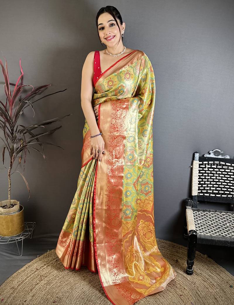Green floral, paisely, zari woven kanjivaram semi silk saree with blouse