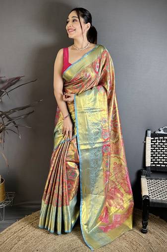 Pink floral, paisely, zari woven kanjivaram semi silk saree with blouse