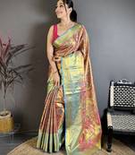 Pink floral, paisely, zari woven kanjivaram semi silk saree with blouse