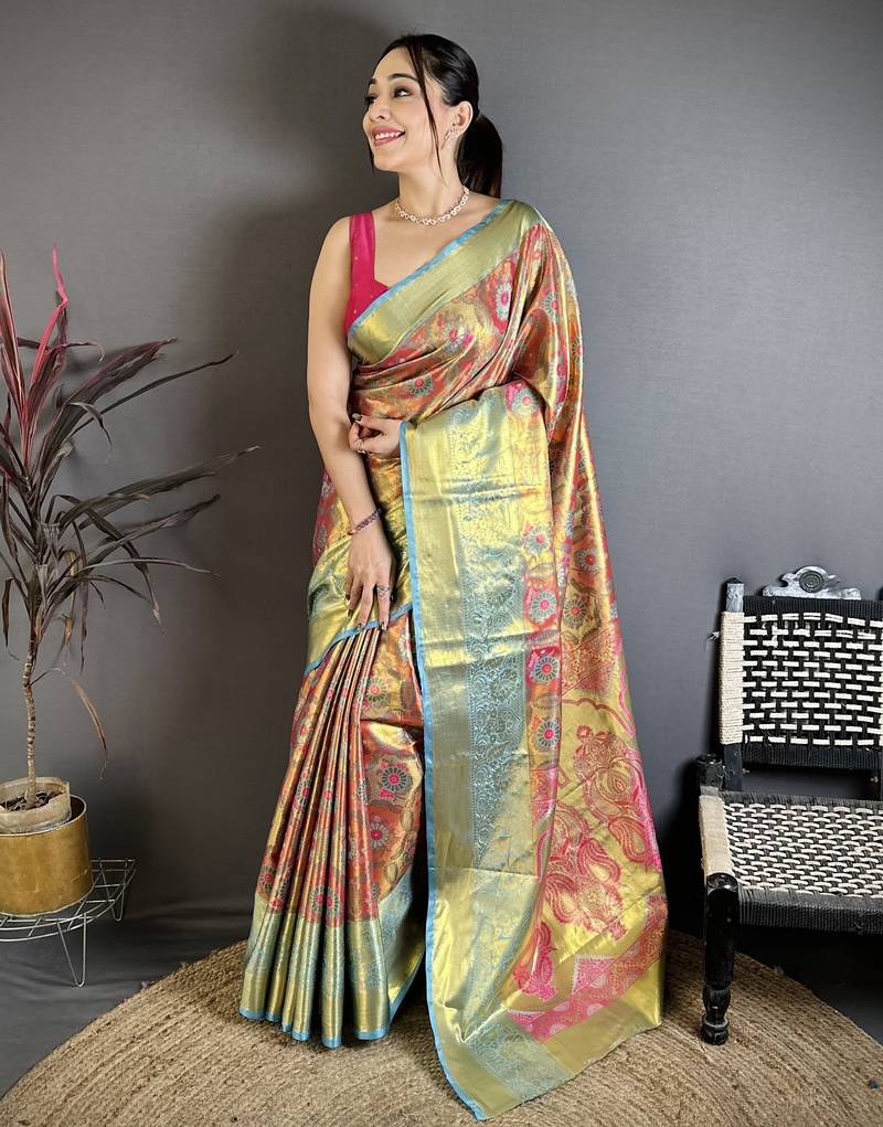 Pink floral, paisely, zari woven kanjivaram semi silk saree with blouse