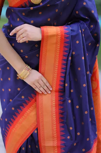 Navy blue floral, temple border, zari work kanji gadwal silk saree with blouse