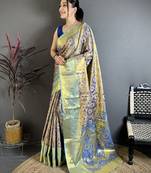 Royal blue floral, paisely, zari woven kanjivaram semi silk saree with blouse