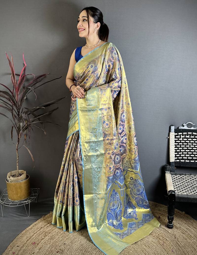 Royal blue floral, paisely, zari woven kanjivaram semi silk saree with blouse