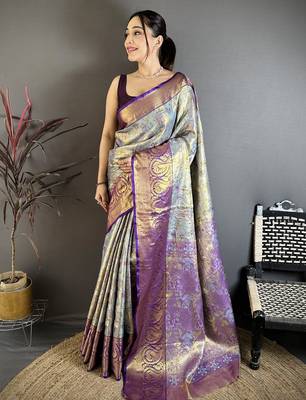 Blue floral meenakari zari woven silk blend saree with blouse 1