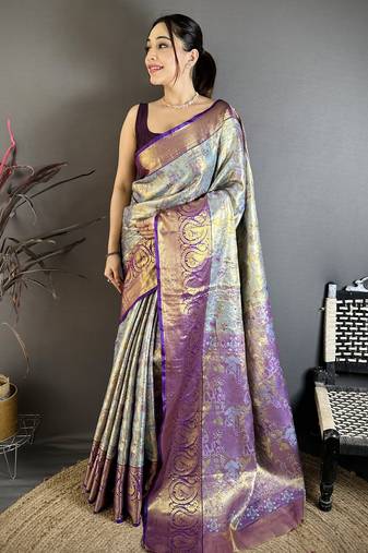 Blue floral, meenakari, zari woven kanjivaram semi silk saree with blouse
