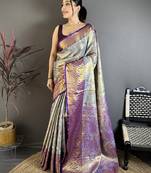 Blue floral, meenakari, zari woven kanjivaram semi silk saree with blouse