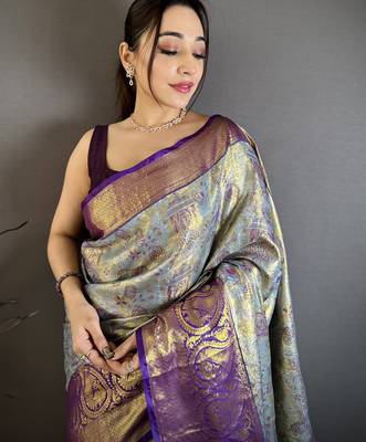 Blue floral meenakari zari woven silk blend saree with blouse 2