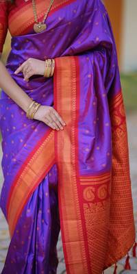 Purple floral temple border zari work kanji gadwal silk blend saree with blouse 5