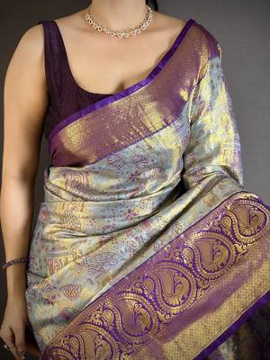 Blue floral meenakari zari woven silk blend saree with blouse 3