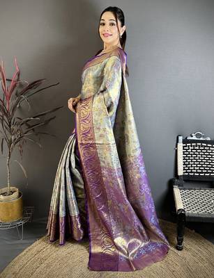 Blue floral meenakari zari woven silk blend saree with blouse 4