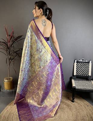 Blue floral meenakari zari woven silk blend saree with blouse 5