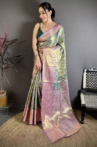 Green floral, meenakari, zari woven kanjivaram semi silk saree with blouse