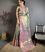 Green floral, meenakari, zari woven kanjivaram semi silk saree with blouse