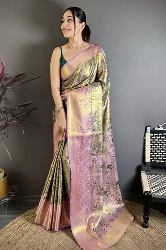 Olive green floral, meenakari, zari woven kanjivaram semi silk saree with blouse