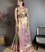 Olive green floral, meenakari, zari woven kanjivaram semi silk saree with blouse
