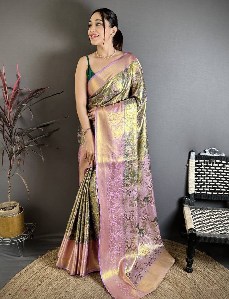 Olive green floral, meenakari, zari woven kanjivaram semi silk saree with blouse