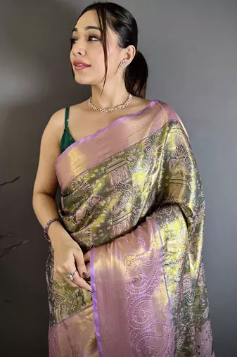 Olive green floral, meenakari, zari woven kanjivaram semi silk saree with blouse