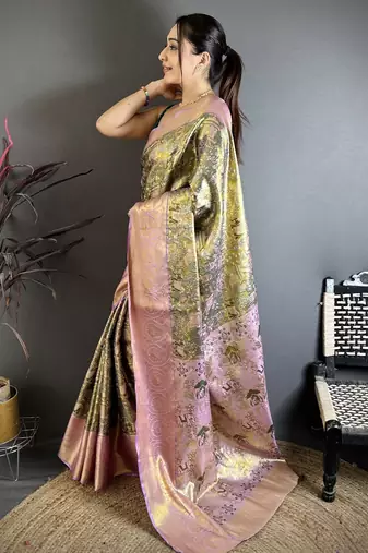 Olive green floral, meenakari, zari woven kanjivaram semi silk saree with blouse