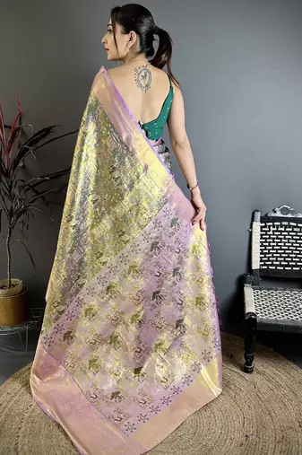 Olive green floral, meenakari, zari woven kanjivaram semi silk saree with blouse