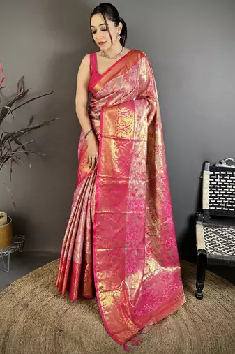 Pink floral, meenakari, zari woven kanjivaram semi silk saree with blouse