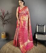 Pink floral, meenakari, zari woven kanjivaram semi silk saree with blouse